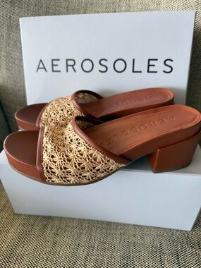 AEROSOLES Tan Braided Slide Sandals with Brown Footbed